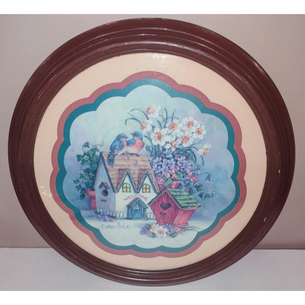Barbara Mock Birdhouses Blue Birds Welcome Framed Matted Print Round Brown Frame - Picture 2 of 6